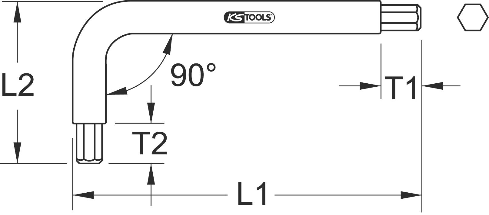 Diagram kľúča s uhlom s označenými osami: L1, L2, T1, T2. Znázorňuje 90-stupňový uhol a šesťhrannú koncovku na jednom konci.