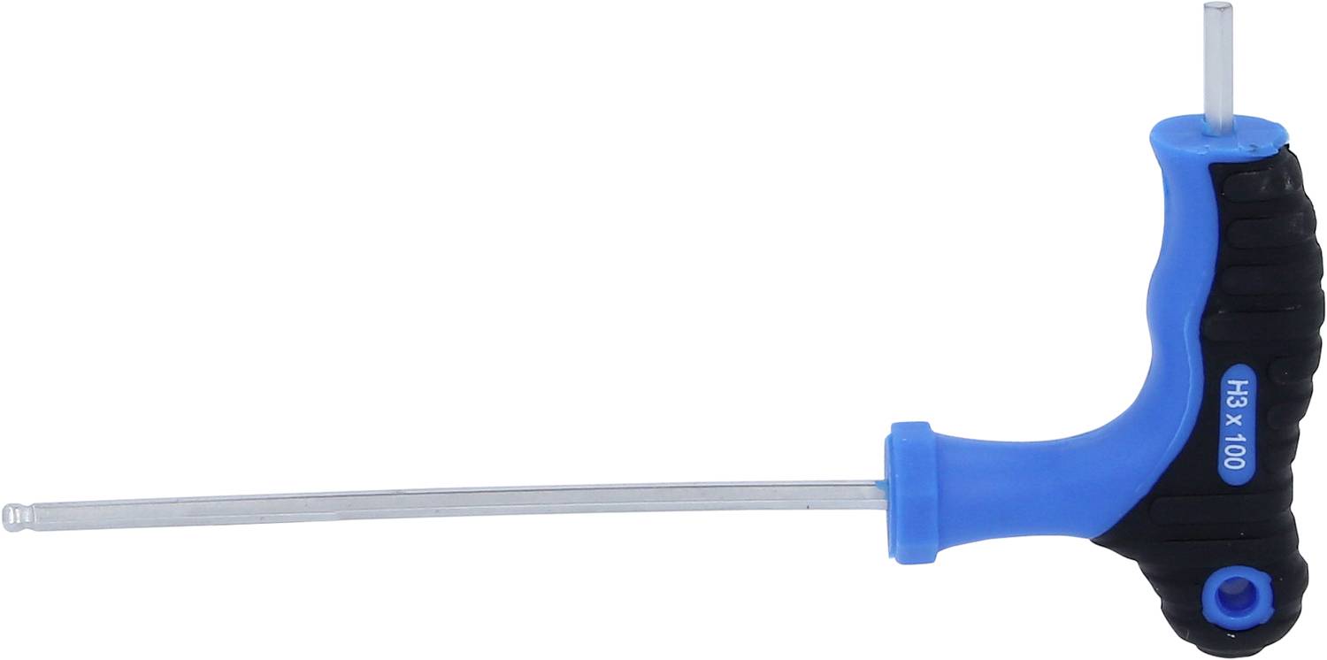 Modrý a čierny imbusový kľúč s T-rukoväťou, označený ako 'H3 x 100', zobrazuje dva hriadele s rôznou dĺžkou.