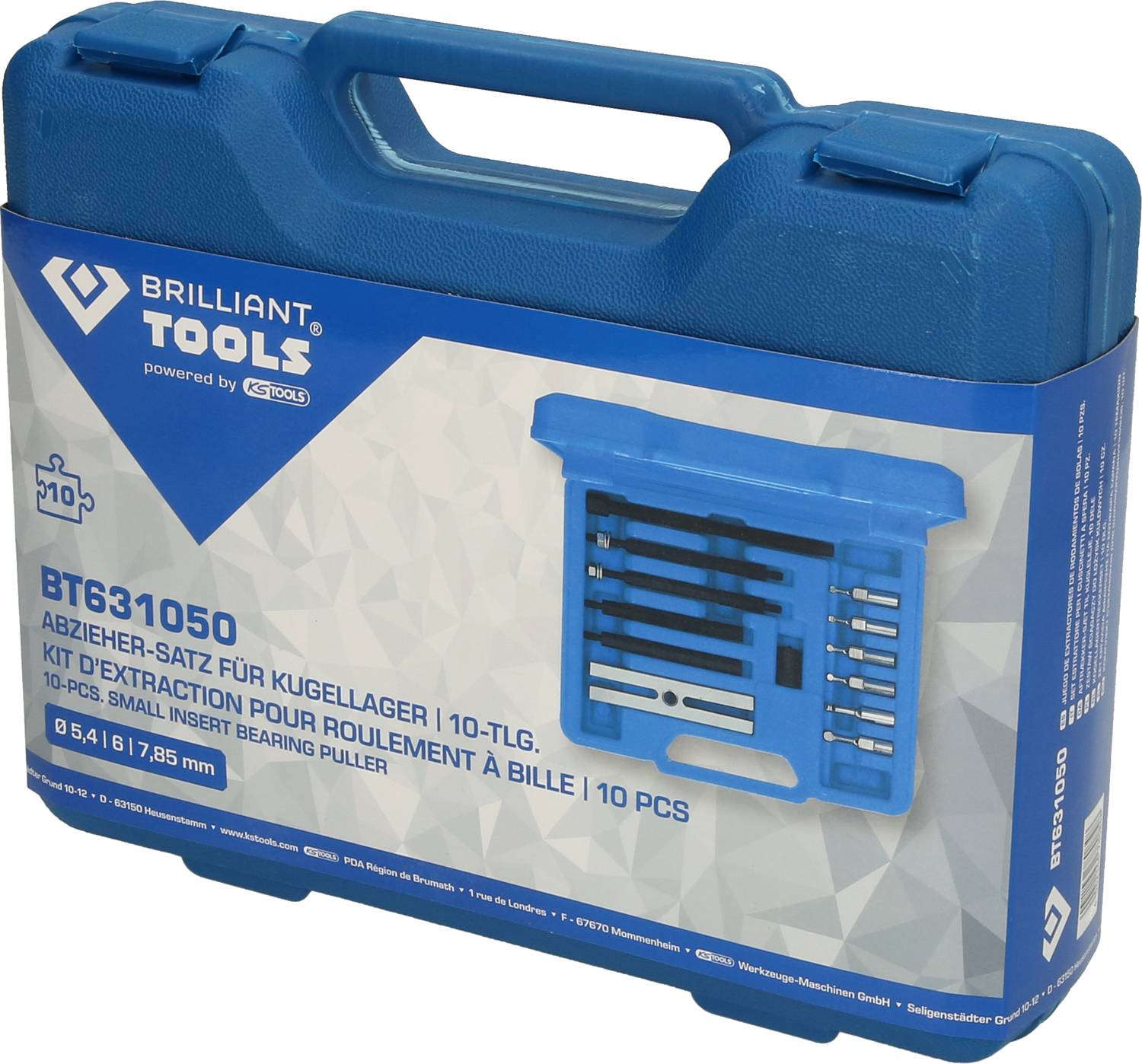 Modrý kufrík na náradie s nápisom 'Brilliant Tools' obsahuje 10-dielnu sadu sťahovača na ložiská.