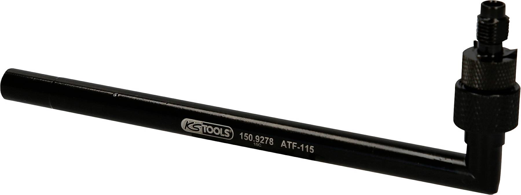 Adaptér 'KS Tools ATF-115' s uhlovou trubicou, čierny, určený na pripojenie k čerpadlám automatickej prevodovkovej kvapaliny.