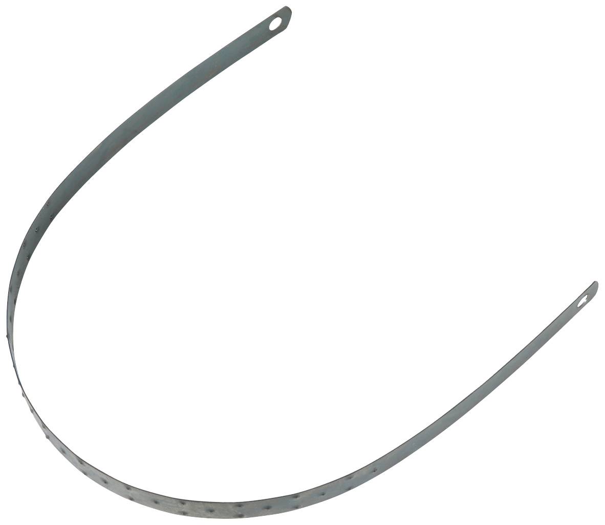 Zakrivený kovový pás s otvormi na oboch koncoch, pravdepodobne používaný na upevnenie alebo zavesenie predmetov.