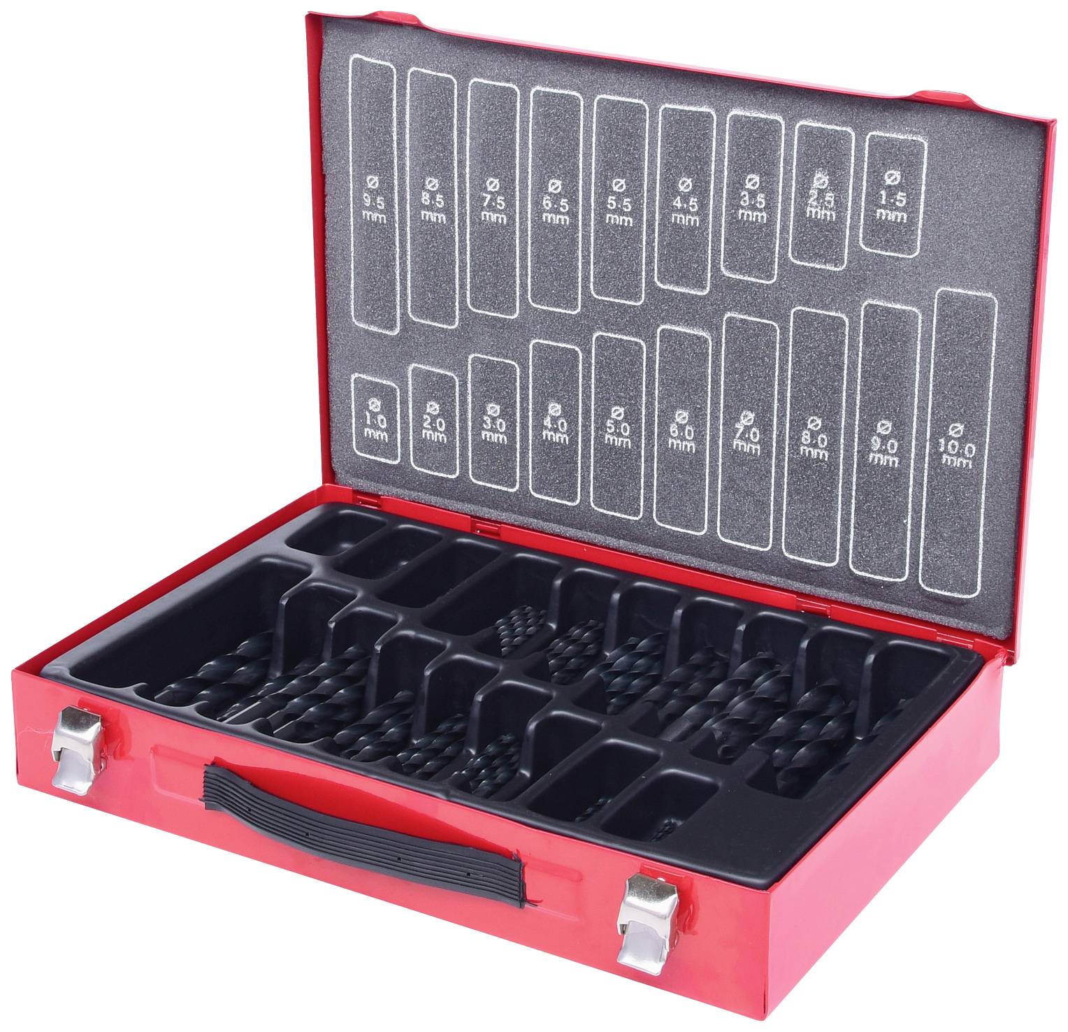 Červený kufrík na náradie s otvoreným vekom zobrazuje rôzne vrtáky v očíslovaných priehradkách, usporiadané podľa veľkosti od 3 do 10 mm.