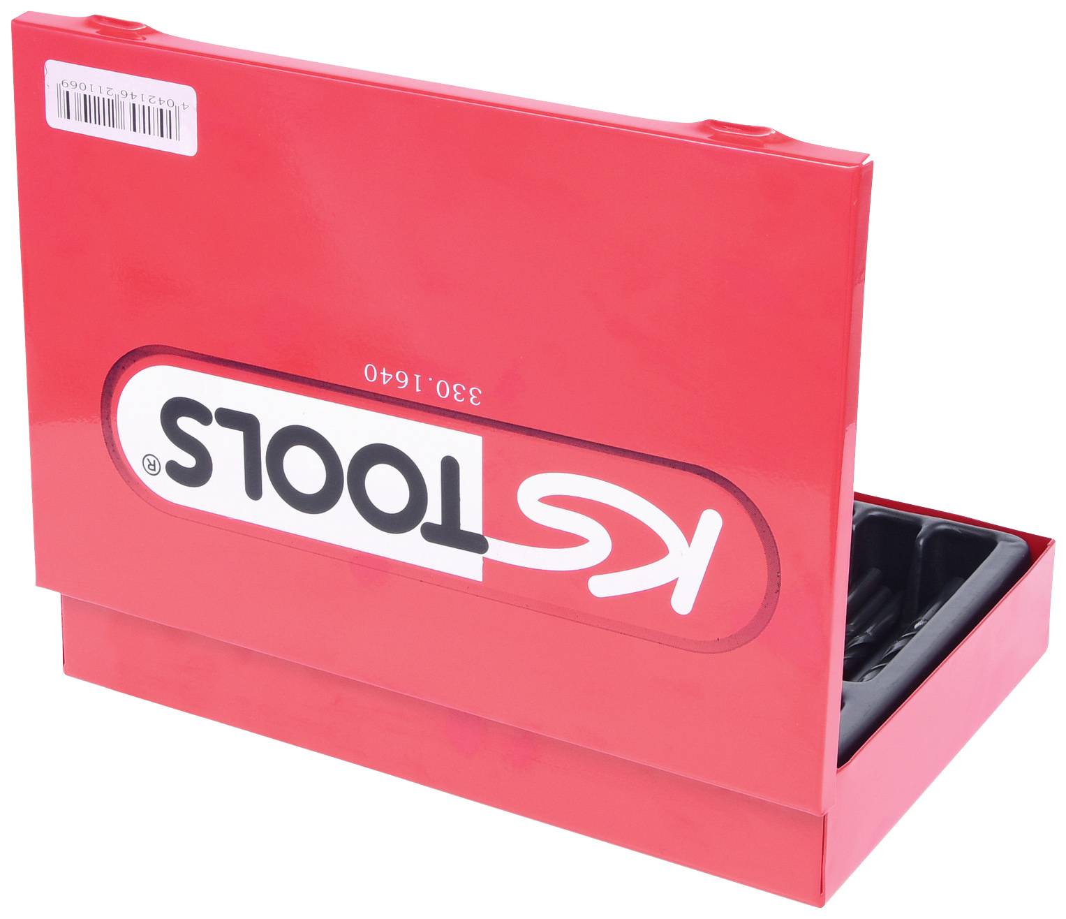 Otvorená červená debna s náradím s nápisom 'KS TOOLS', čiastočne viditeľná.