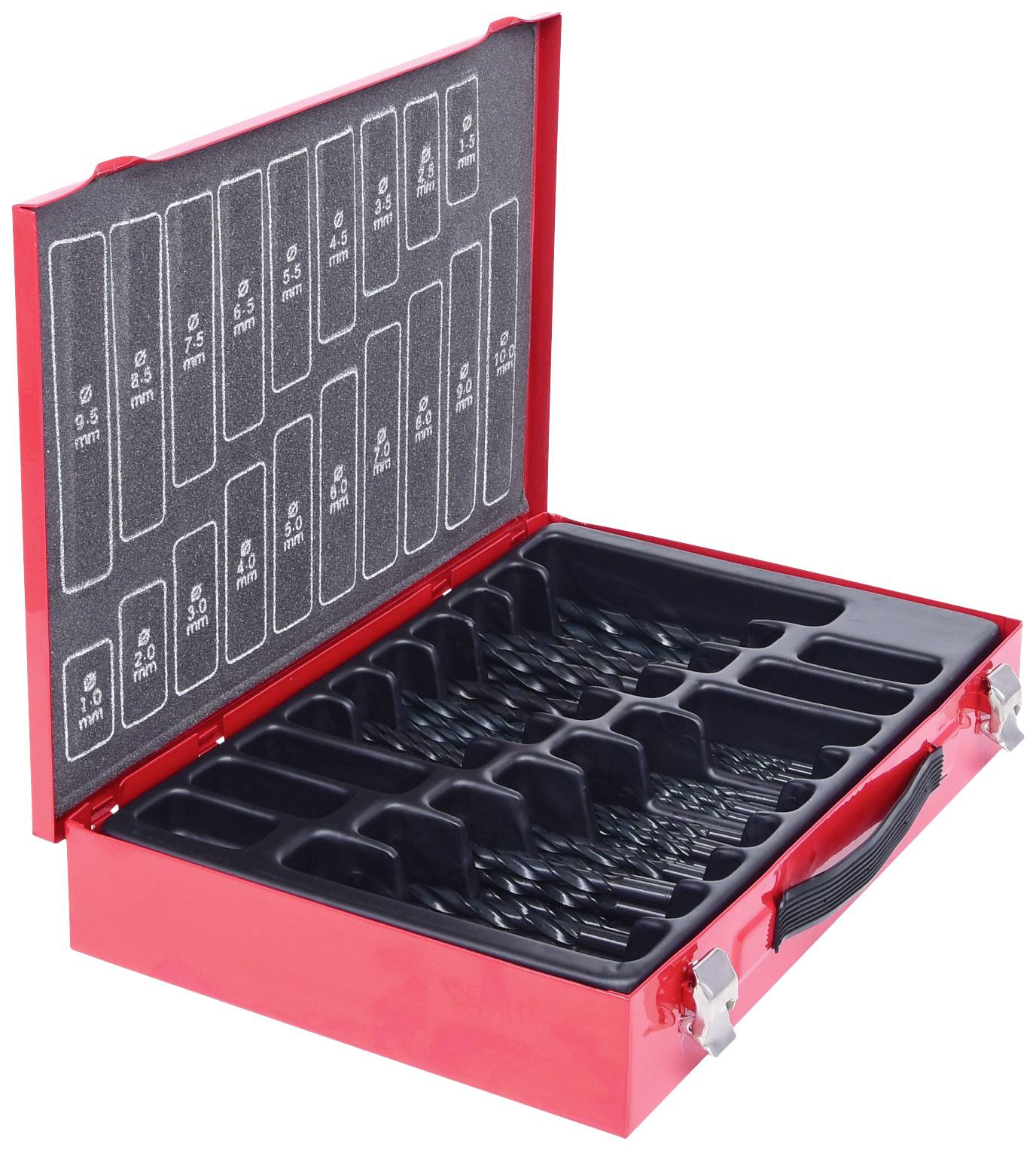 Červený kufrík na náradie s vrtákmi rôznych veľkostí usporiadanými v usporiadaných priehradkách. Otvorený pre ľahký prístup a prehľadnosť.