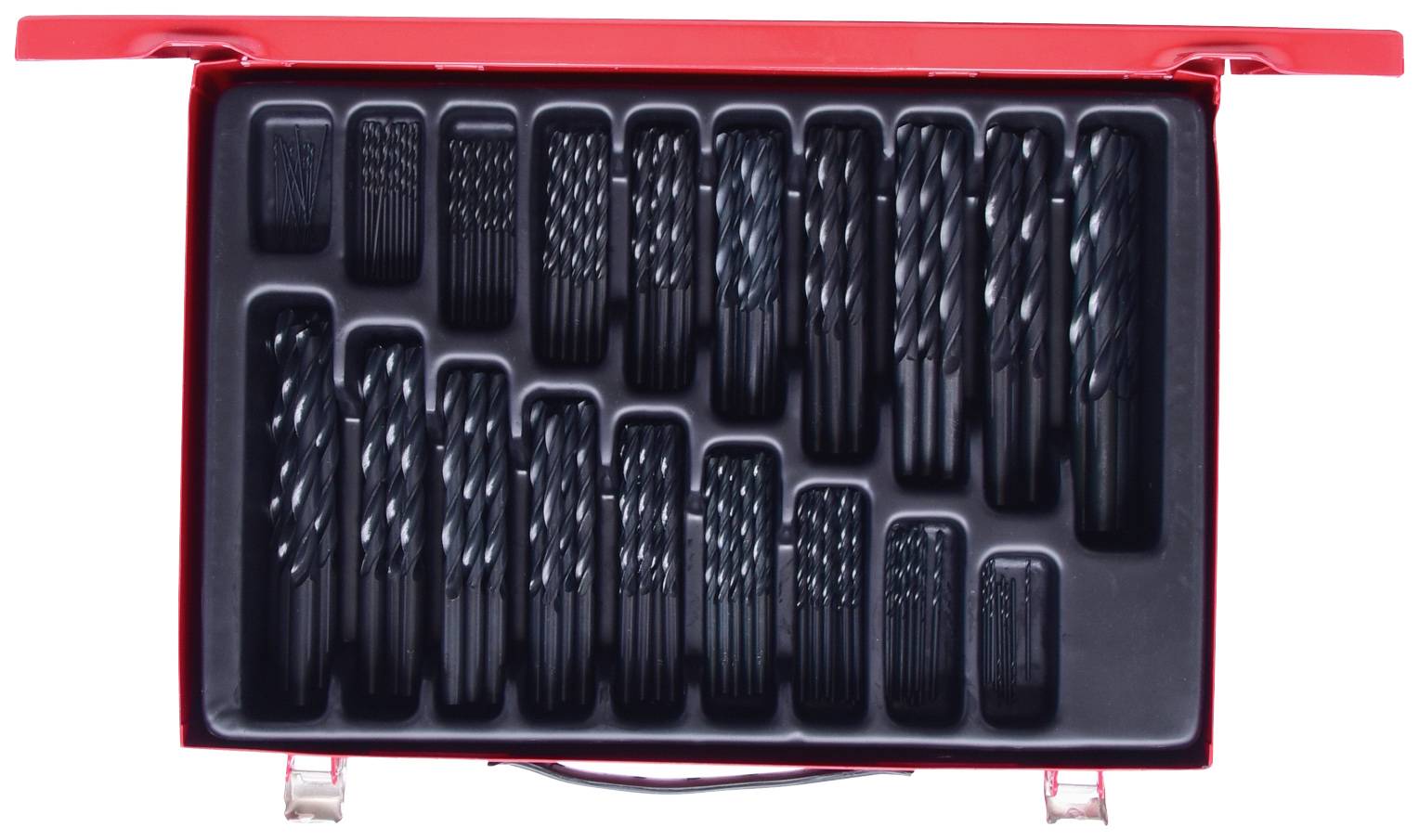 Kovový kufrík s viacerými vrtákmi rôznych veľkostí, starostlivo usporiadanými do radov. Kufrík je červený s čiernym vnútorným vybavením.