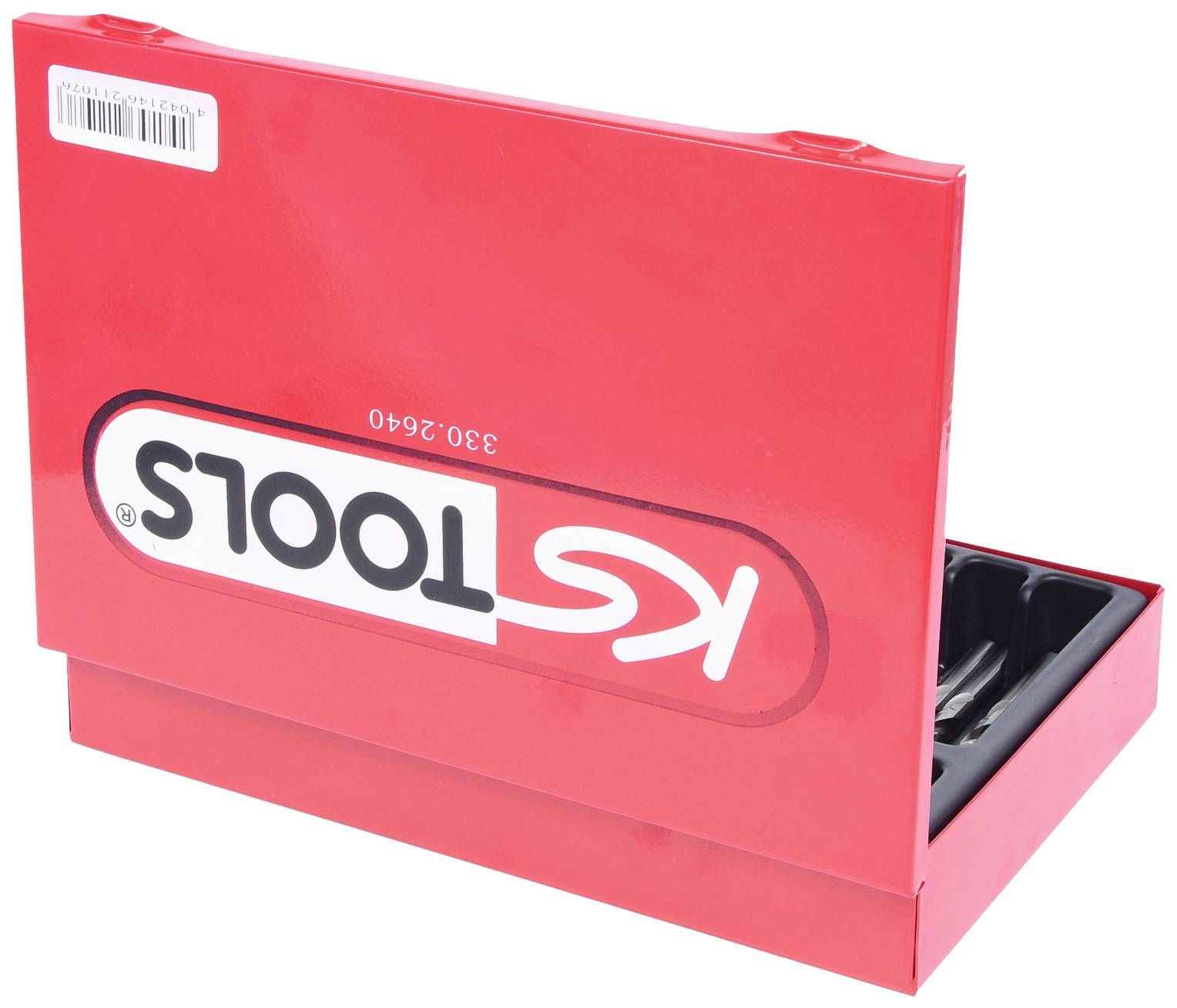 Červený kovový box s nápisom 'KS TOOLS'. Box je čiastočne otvorený a odhaľuje čierne vnútro určené na uloženie náradia.