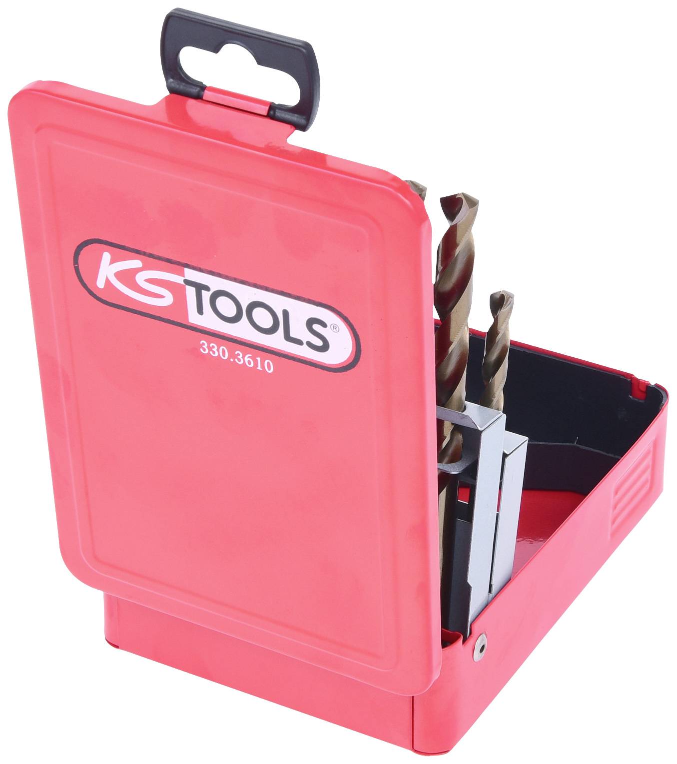 Červený box na vrtáky s nápisom 'KS Tools'. Po otvorení ukazuje dva vrtáky rôznej veľkosti, ktoré sú určené pre prácu s kovom.