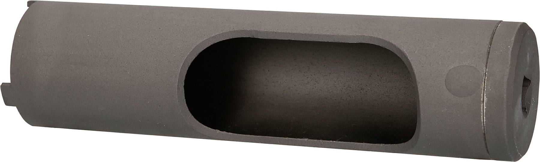 Valcový kovový predmet s obdĺžnikovým otvorom a plochým koncom, pravdepodobne súčasť mechanického systému alebo nástroja.