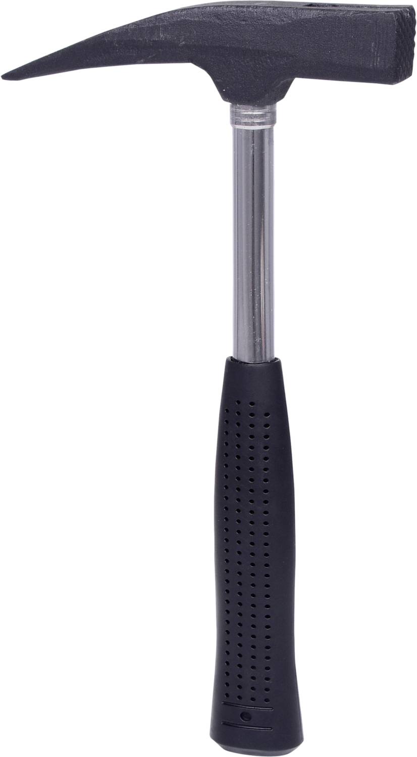 Čierny kladivá s kovovým držadlom a gumovou rukoväťou, vhodný pre stavebné alebo domáce práce.