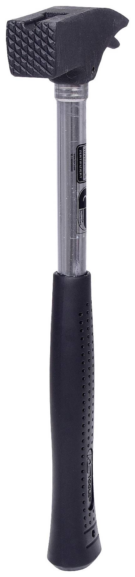 Čierny kladiv s protišmykovým gumeným držadlom a štruktúrovanou hlavou, vhodný pre stavebné práce.