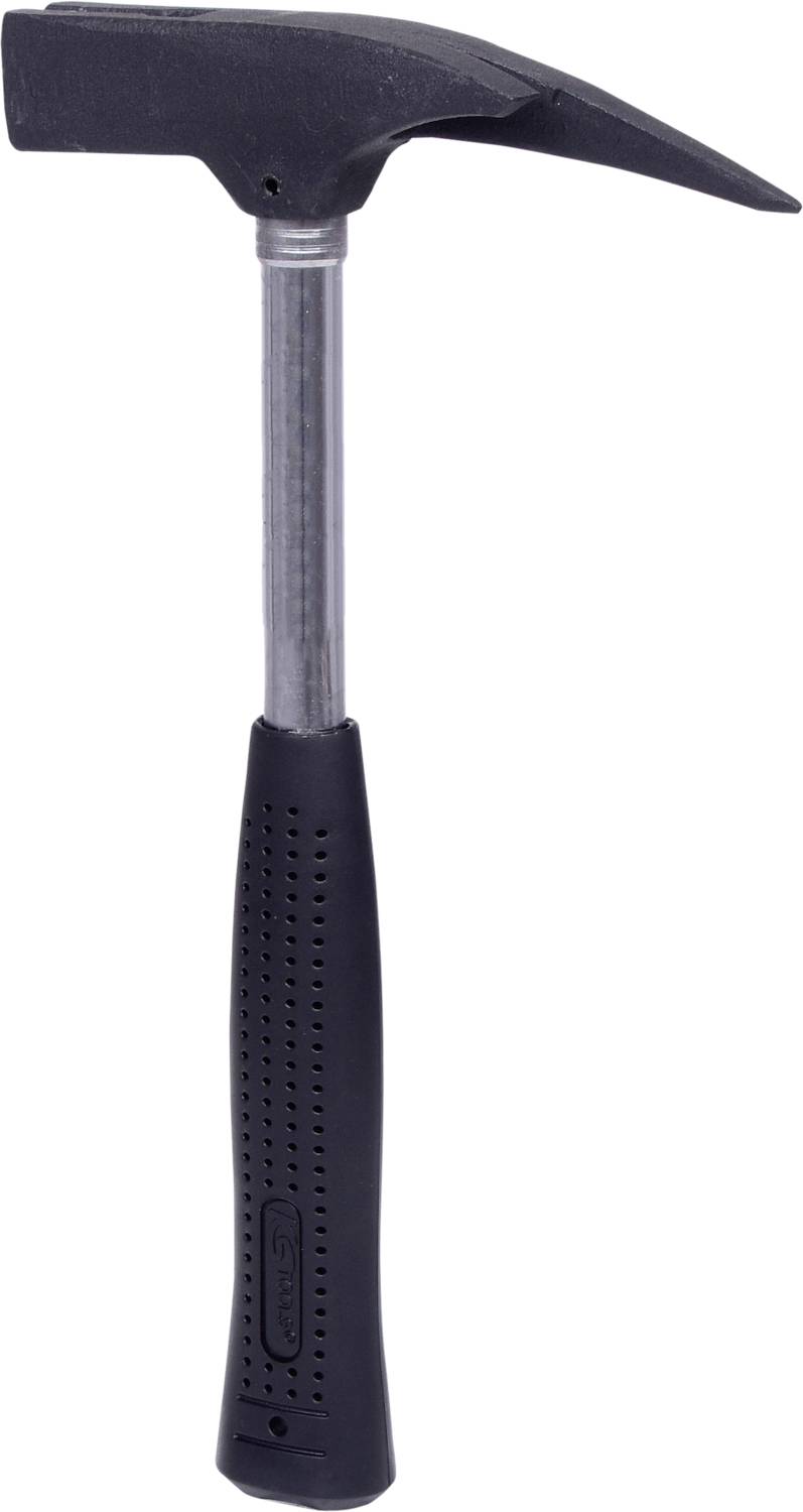 Čierny kladivo so zahnutou hlavou a gumenou rukoväťou, vhodný pre tesárske práce.