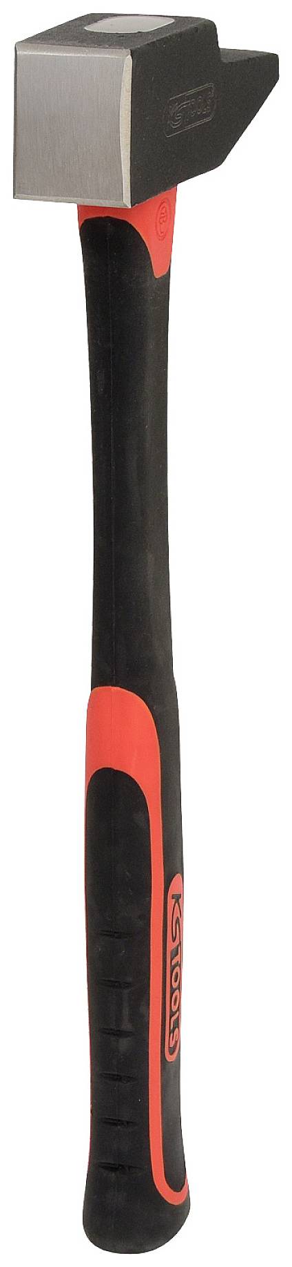 Kladivo s čiernou rukoväťou a červenými akcentmi. Hlava je kovová, na jednej strane plochá, na druhej špicatá.