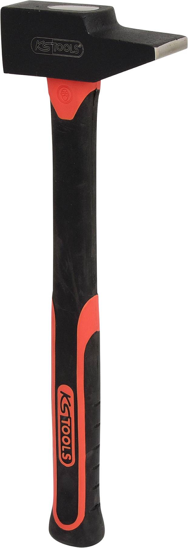 Čierny kladiv s červenou rukoväťou a plochou obdĺžnikovou kovovovou plochou.