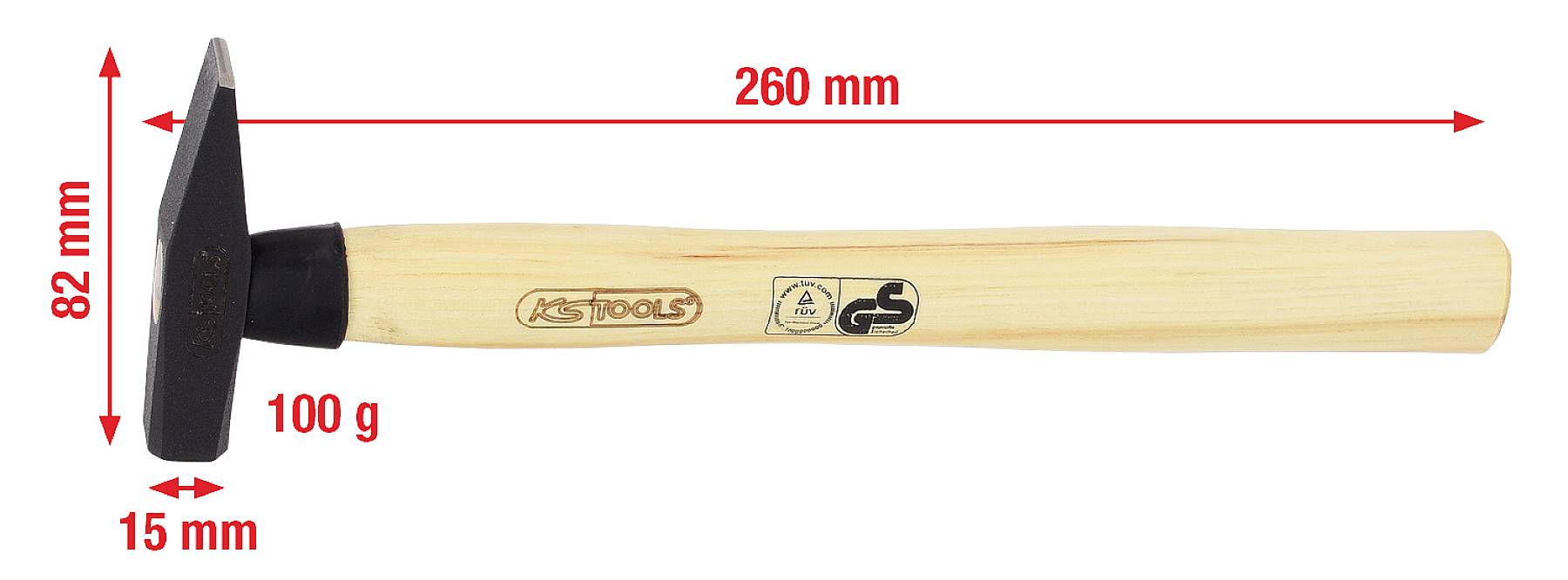 Kladivo s drevenou rukoväťou. Celková dĺžka je 260 mm; výška hlavy je 82 mm, šírka 15 mm. Hmotnosť: 100 g.