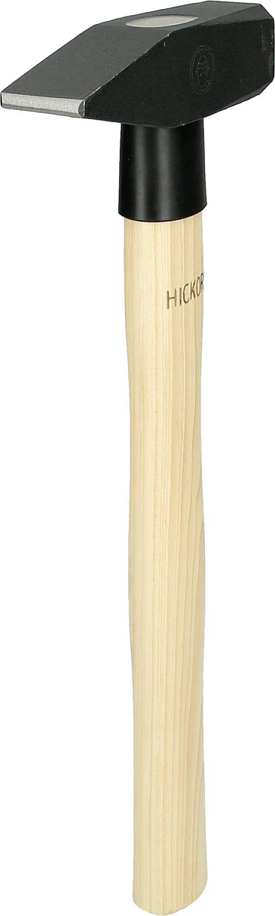 Kladivo s drevenou rukoväťou a čiernou kovovopu hlavou, vhodné pre remeselné práce. Názov 'Hickory' je vytlačený na rukoväti.