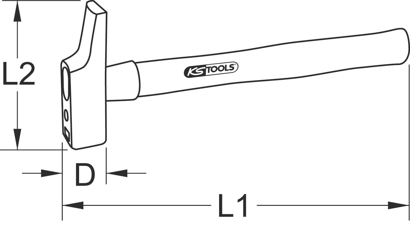 'KS Tools' diagram kladiva s rozmermi: dĺžka rukoväte (L1), dĺžka hlavy (L2) a hĺbka hlavy (D), s logom KS Tools na rukoväti.