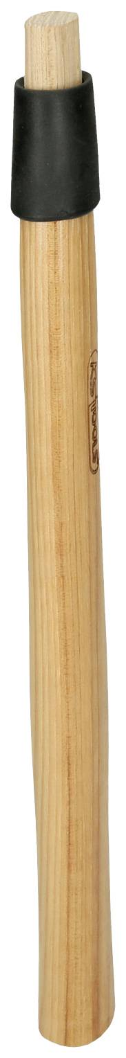 Drevená rukoväť nástroja, pravdepodobne kladiva, zakončená čiernym koženým návekom na hornom konci.