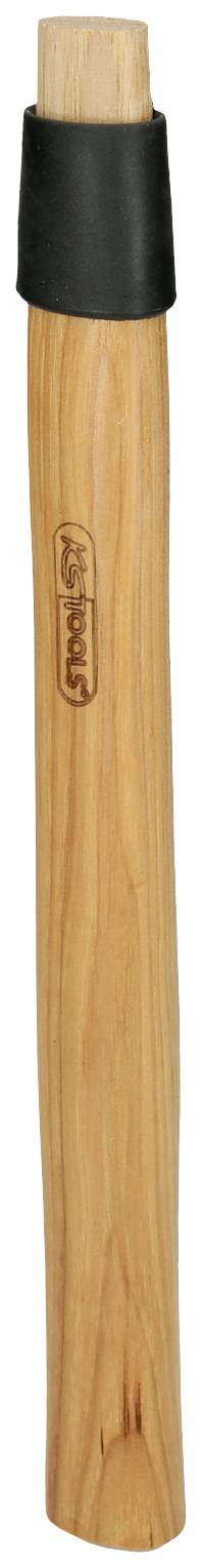 Drevená rukoväť kladiva s čiernym gumovým zakončením na vrchu.