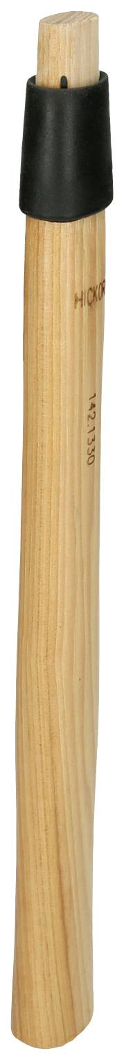 Drevená rukoväť nástroja s čiernym, gumovitým krytom na jednom konci, hladká a mierne zahnutá, ideálna pre remeselné použitie.