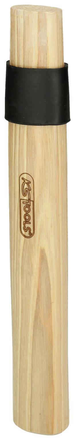 Drevená rukoväť s čiernym gumeným úchopom a vyrytým logom na boku.