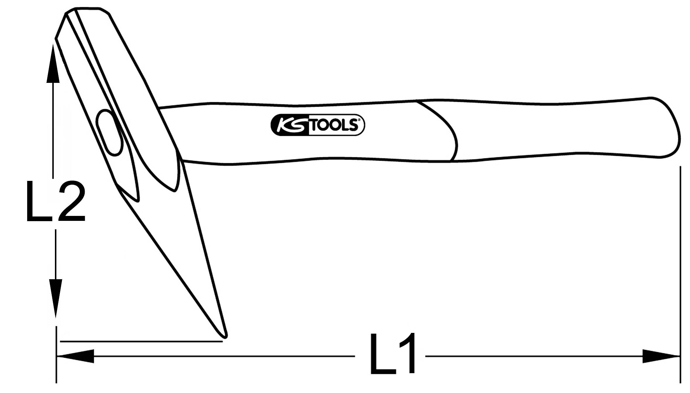 Výkres špicového kladiva od spoločnosti KS Tools, znázorňujúci rozmery L1 (dĺžka rukoväte) a L2 (dĺžka hlavy) na ilustráciu jeho rozmerov.