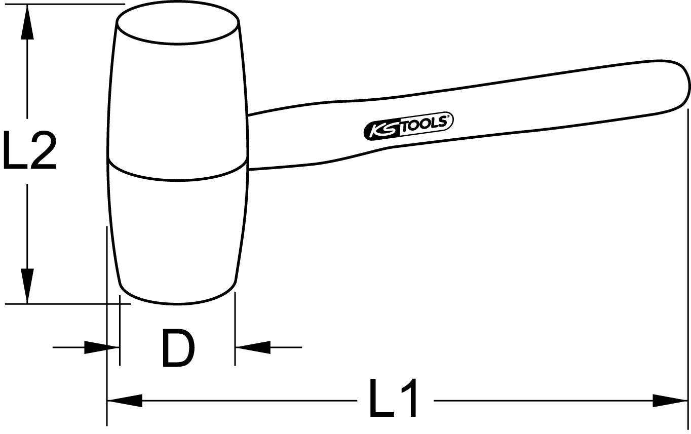 Technický výkres gumového kladiva s rozmermi: dĺžka L1 a L2, priemer D. Obsahuje logo 'KS Tools'.