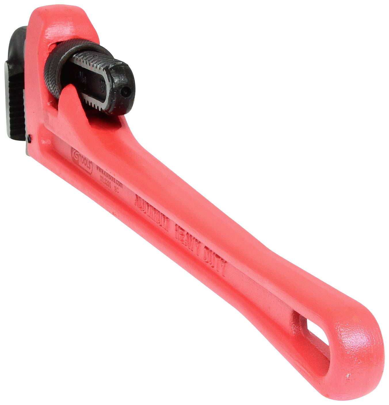 Veľký, červený trubkový kľúč z kovu, ležiaci šikmo, so zúbkovanou čeľsťou. Používaný prevažne pri inštalatérskych prácach.