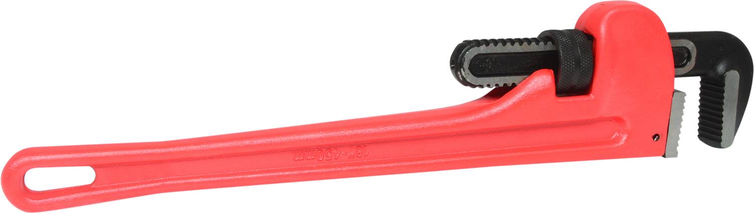 Veľká červená inštalatérska kľúč leží na bielom pozadí, vhodná na uchopenie a otáčanie potrubia a okrúhlych predmetov.