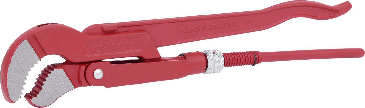 Červené inštalatérske kliešte s ohnutými rukoväťami, vhodné na uchopenie a otáčanie potrubia a iných valcovitých predmetov.