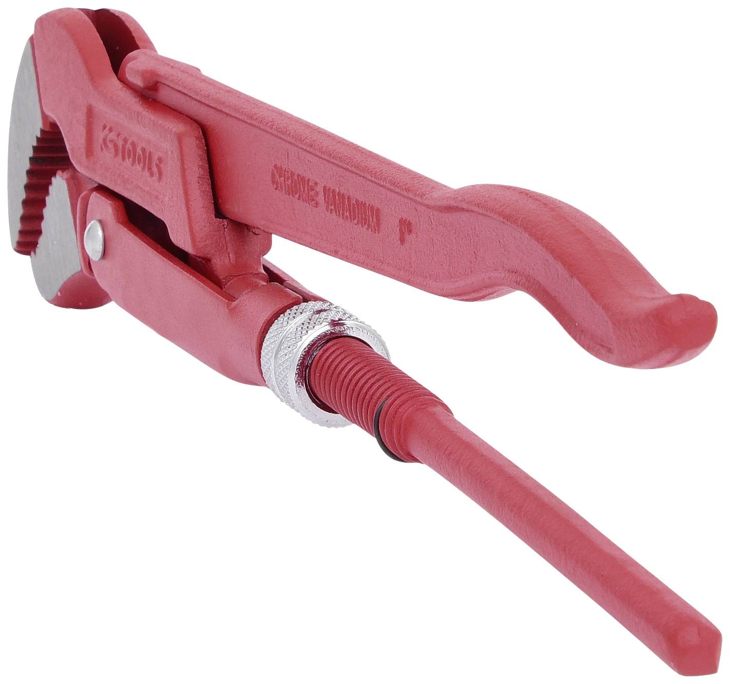 Červené inštalatérske kliešte s nastaviteľnou rukoväťou, vhodné na prácu s potrubiami a inými kruhovými predmetmi.