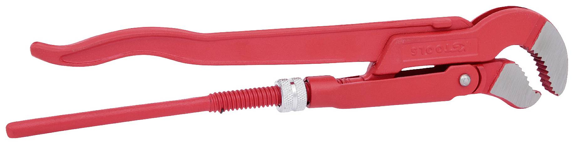Červené inštalatérske kliešte s nastaviteľnou rukoväťou a ozubenými čeľisťami, vhodné na uchopenie a pridržanie rúr a okrúhlych predmetov.