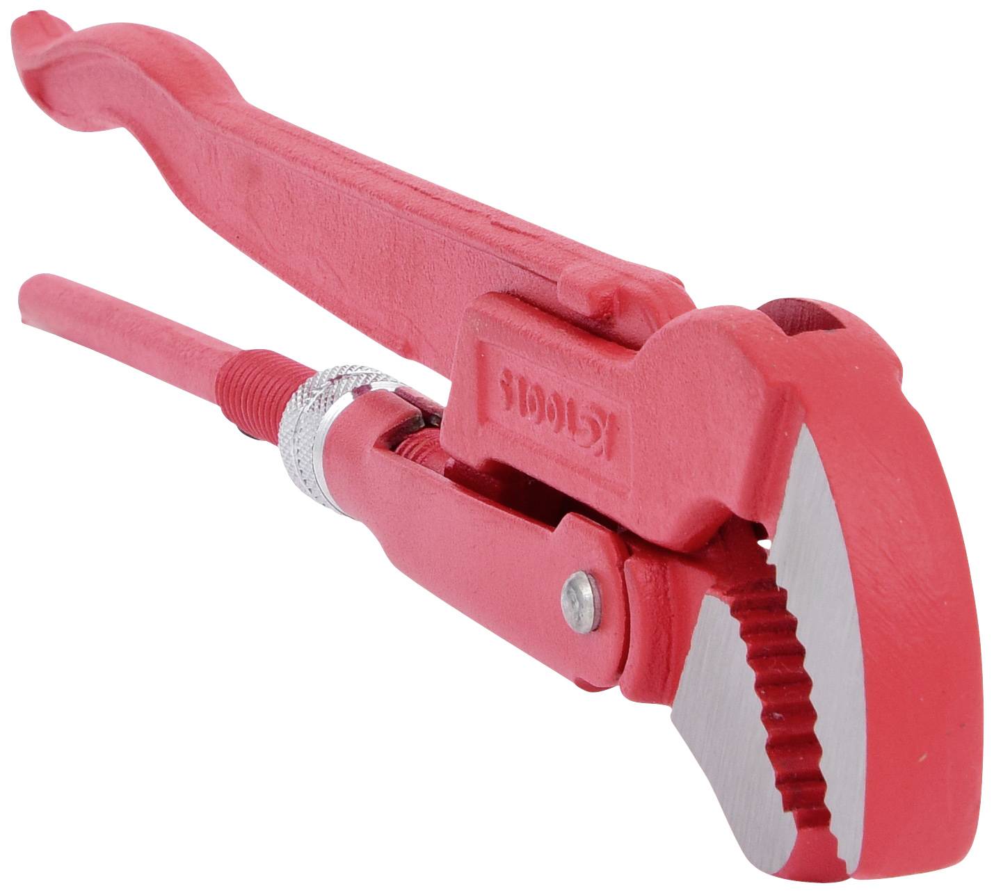 Červený inštalatérsky kľúč, ideálny na uťahovanie alebo uvoľňovanie rúrok a ventilov v inštalatérskych prácach.