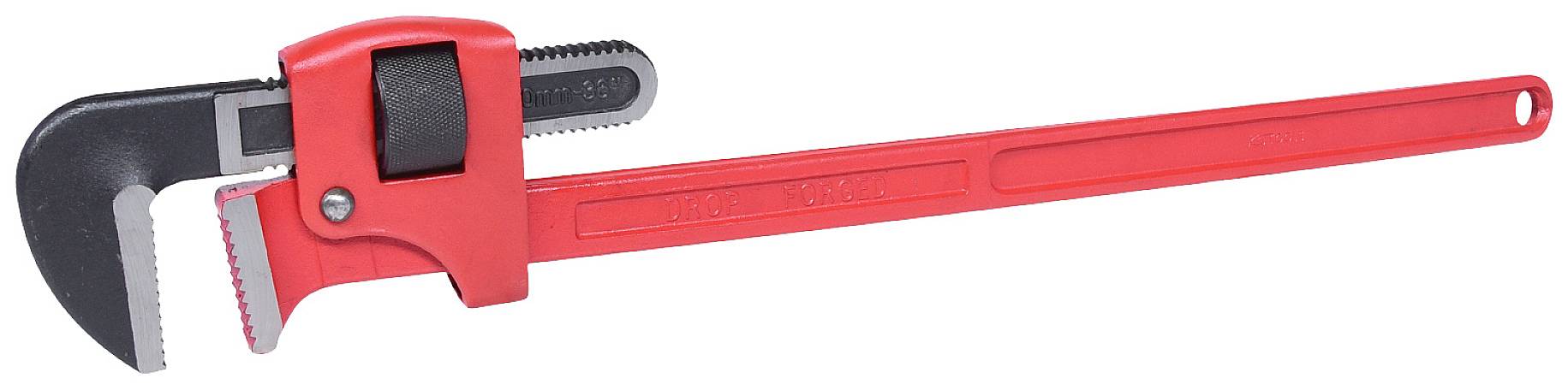 Veľký, červený montážny kľúč z kovu so zubatou čeľsťou a dlhou rukoväťou, vhodný pre inštalatérske práce.