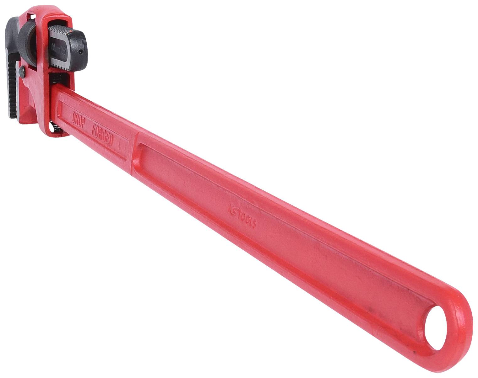 Červené inštalatérske kliešte s dlhou rukoväťou, vhodné na uťahovanie alebo uvoľňovanie potrubných spojov.