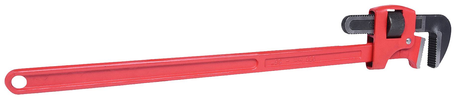 Červené inštalatérske kliešte s dlhou rukoväťou, vhodné na uchopenie a otáčanie potrubia pri inštalačných prácach.
