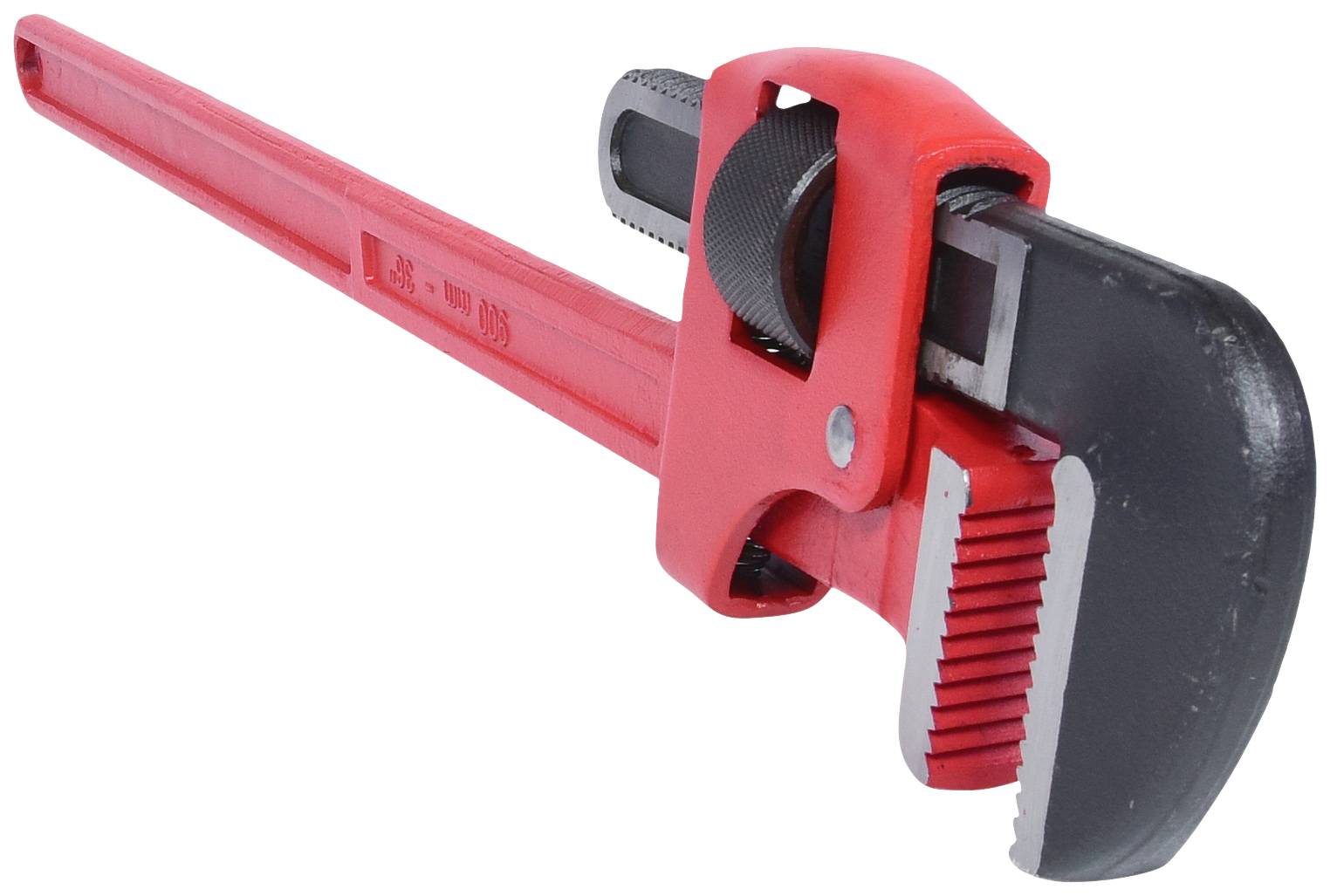 Červené inštalatérske kliešte s čiernou úchopovou hlavou, používané pre sanitárne práce, proti bielemu pozadiu.