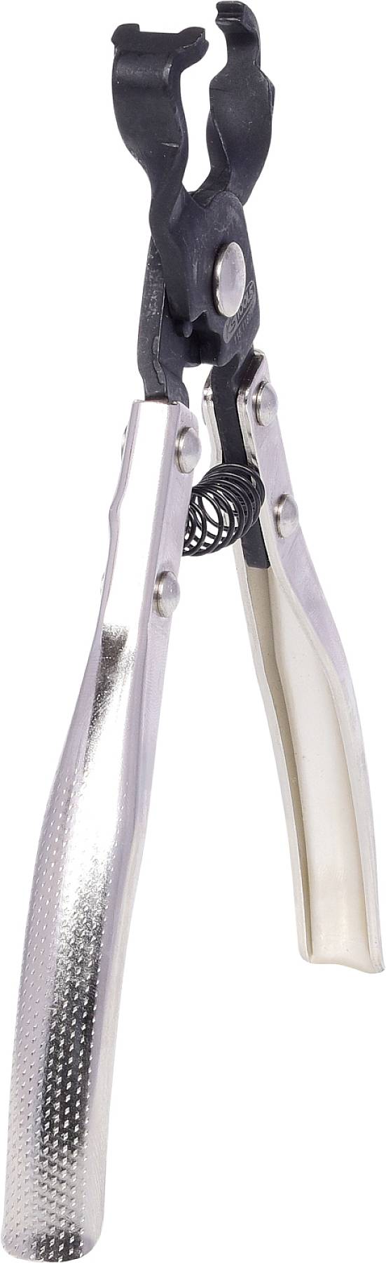 Kovový nástroj so vzorovanými rukoväťami a kliešťami na konci, používaný pre mechanické alebo technické práce.