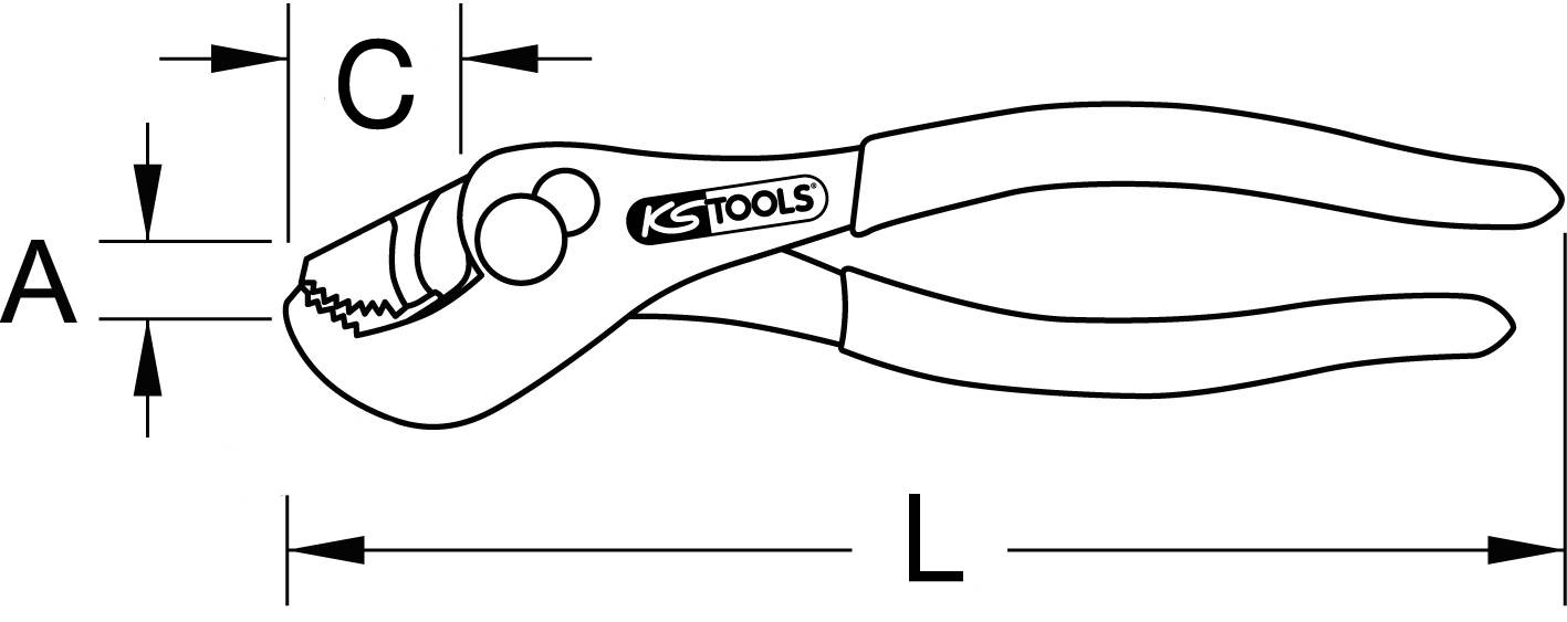 Čiernobiely diagram kliešťov s rukoväťami, označený nápisom 'KS Tools'. Rozmery A, C a L zobrazujú časti kliešťov.
