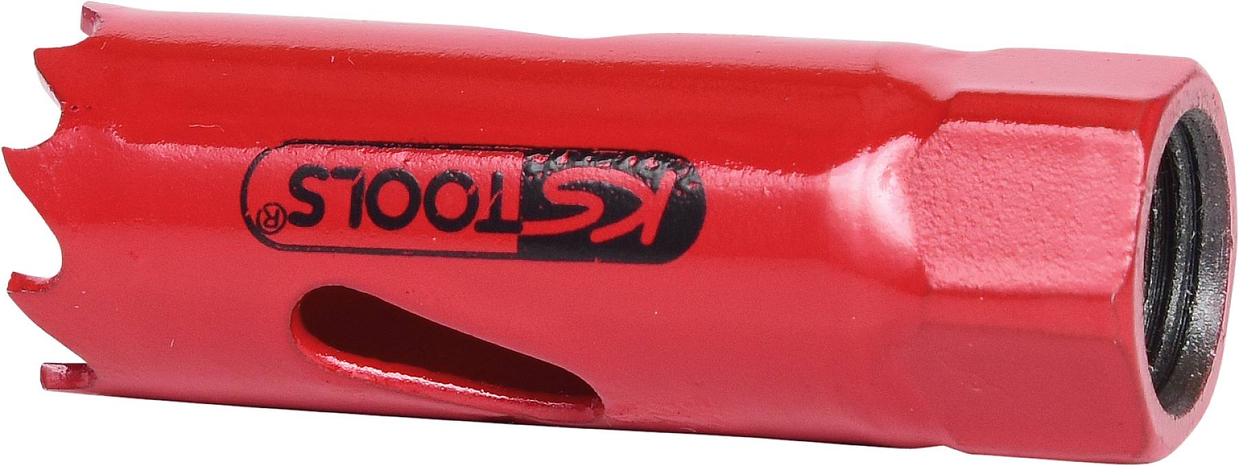 Červený vŕtací nástroj značky 'KS Tools' s valcovitým tvarom, navrhnutý pre presné vŕtanie.