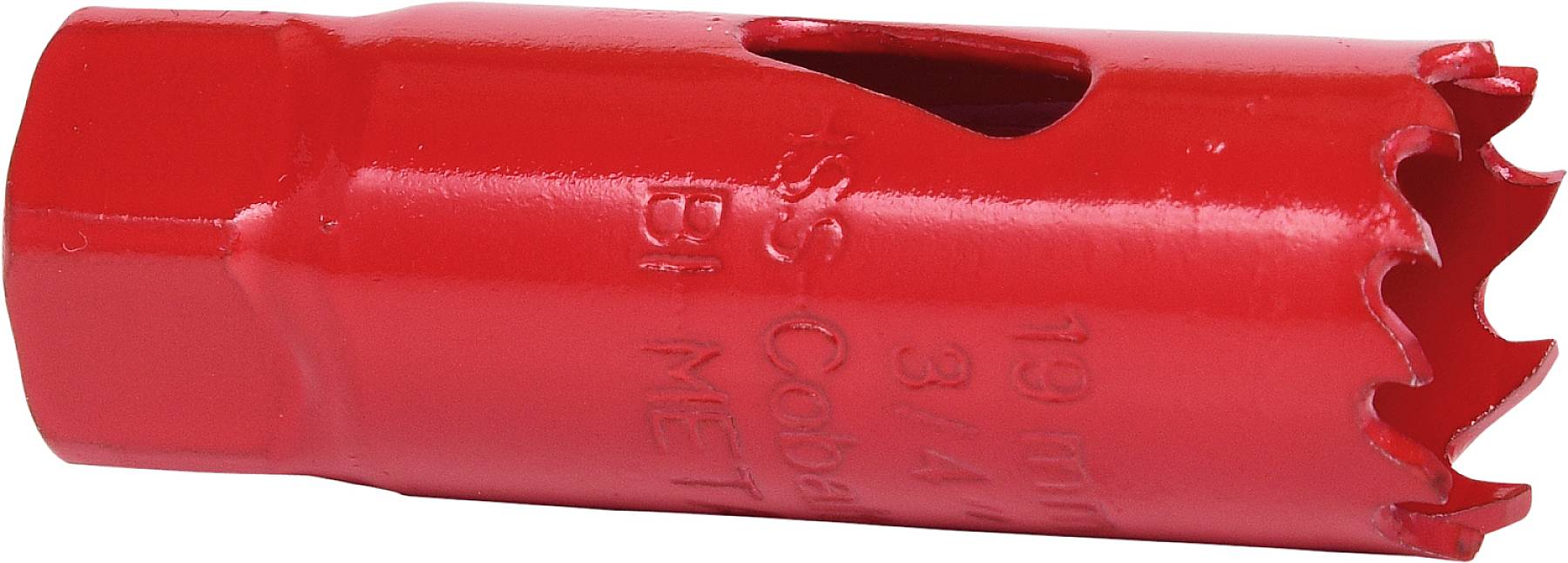 Červený kovový vrták so zúbkatým hrotom a šesťhrannou stopkou, vhodný na vŕtanie do kovových materiálov.