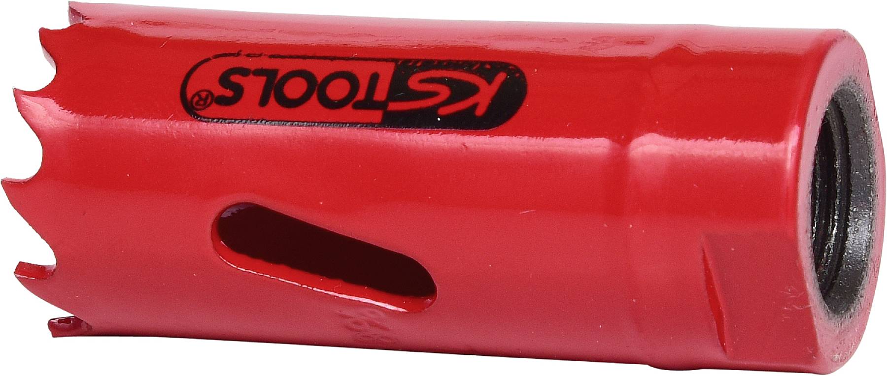 Červená dierová píla, ležiaca s ozubeným okrajom a stredovou drážkou na odvod triesok, vytlačená značka 'KS Tools'.