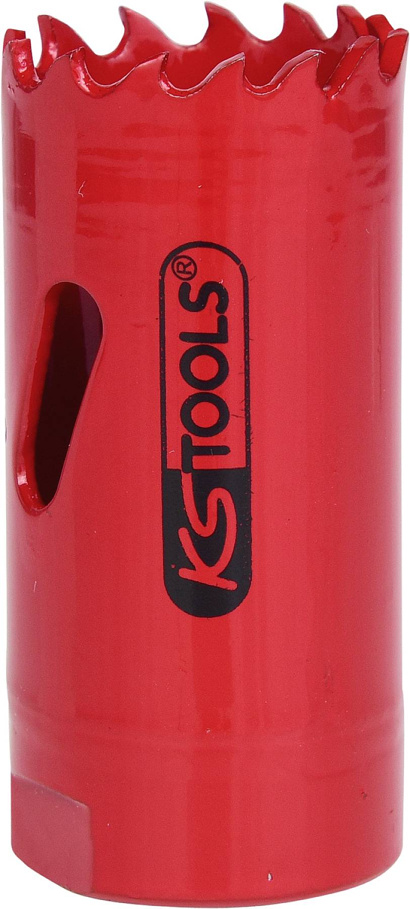 Červený nástavec na dierovú pílu so zubaným rezným osením a logom 'KS TOOLS' uprostred.