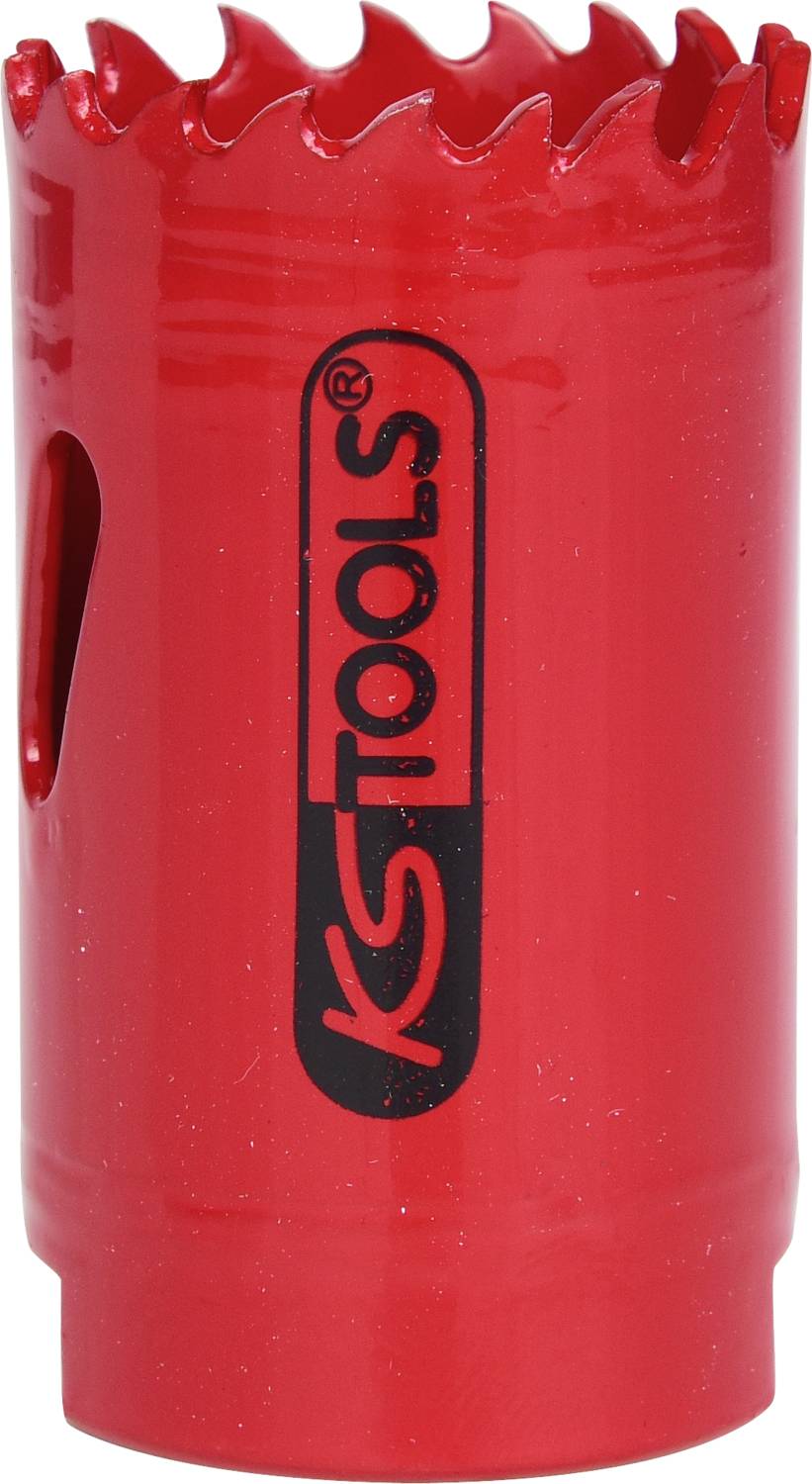 Červený list dierovej píly s logom 'KS Tools', so zubami po okraji.