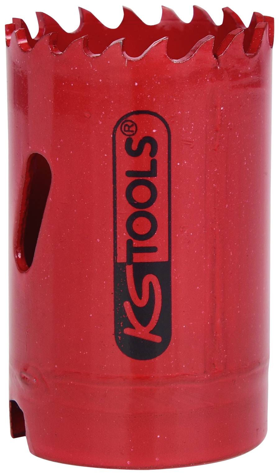 Červený nástavec na dierovú pílu so zubaným okrajom a logom 'KS Tools'. Vhodný na rezanie kovu.