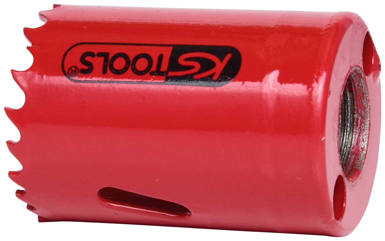 Červený nástavec dierovej píly so zúbkovaným okrajom, s čiernym nápisom 'KS Tools'. Vhodný na vŕtanie rôznych materiálov.
