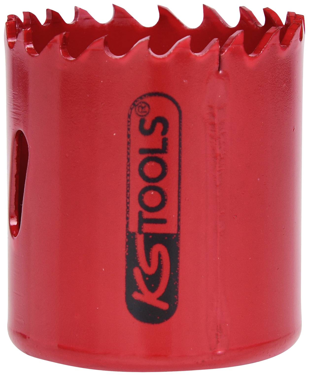 Červený nástavec dierovej píly s ostrými zubami, na ktorom je vytlačené logo 'KS TOOLS'. Ideálny pre vŕtanie do dreva a kovu.