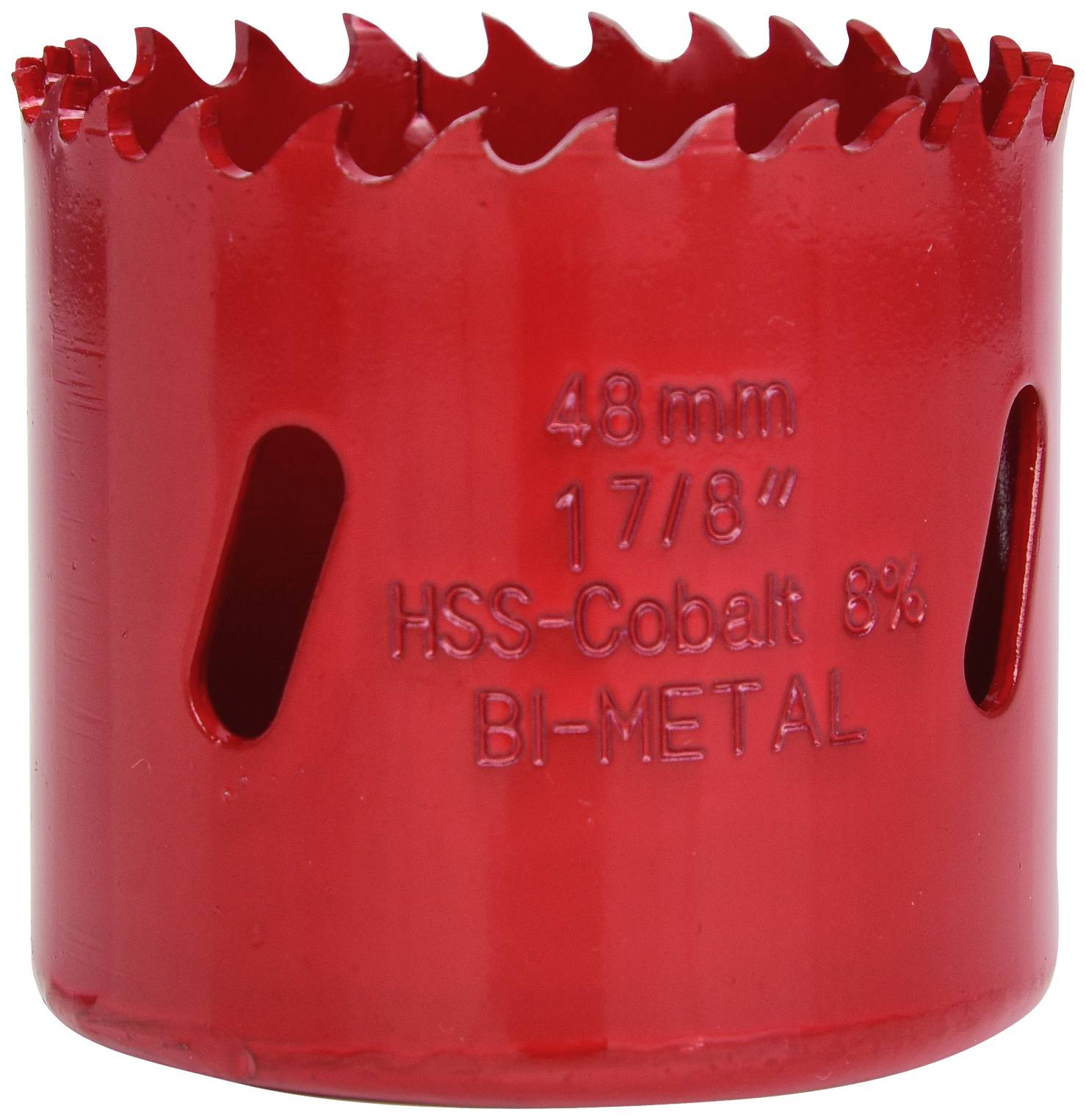 Červený list dierovej píly s nápisom '48 mm, 1 7/8", HSS-Kobalt 8%, Bi-Metal', vhodný na vŕtanie veľkých otvorov v kove.