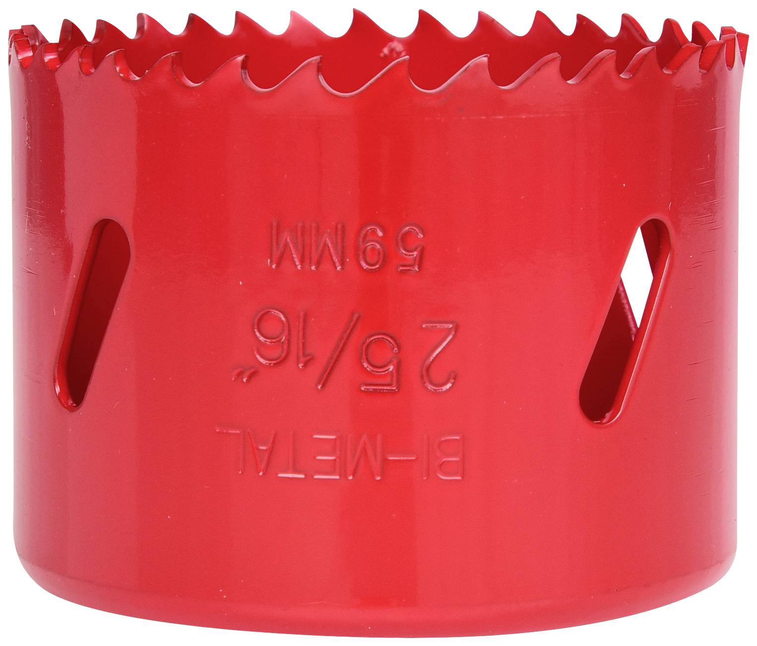 Červená dierová píla so zúbkatým okrajom, s nápisom '59 mm, 2 5/16'. Používa sa na vŕtanie kruhových otvorov do materiálov.