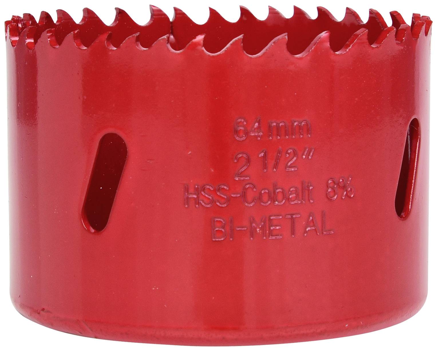 Červený bi-metalový dierovací pílový list, priemer 64 mm, s nápisom 'HSS-Kobalt 8%'.