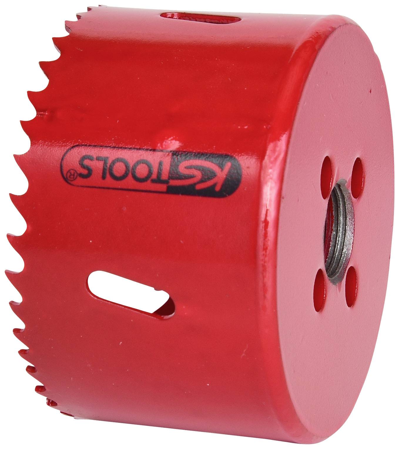 Červený kovový nástavec na dierovú pílu so zubami pre vŕtačky, viditeľná značka 'KS Tools'.